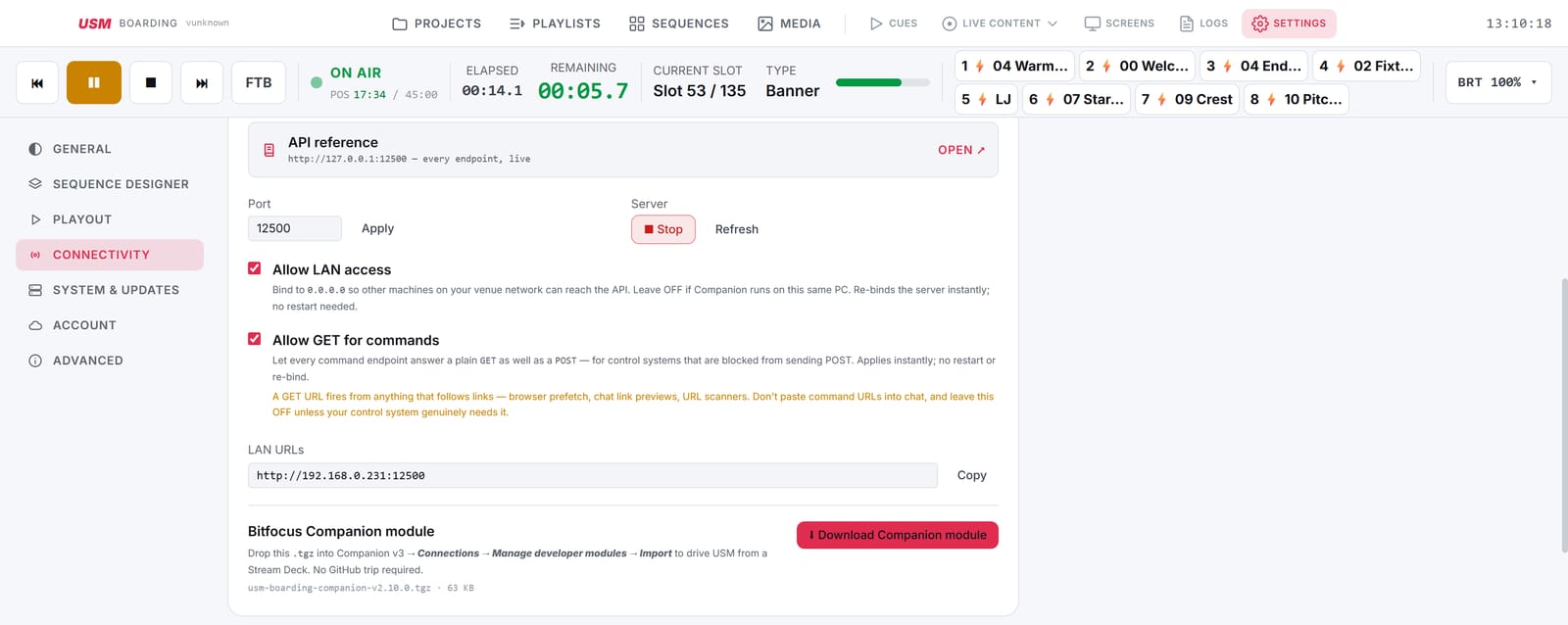 External Control settings with the Bitfocus Companion module download
