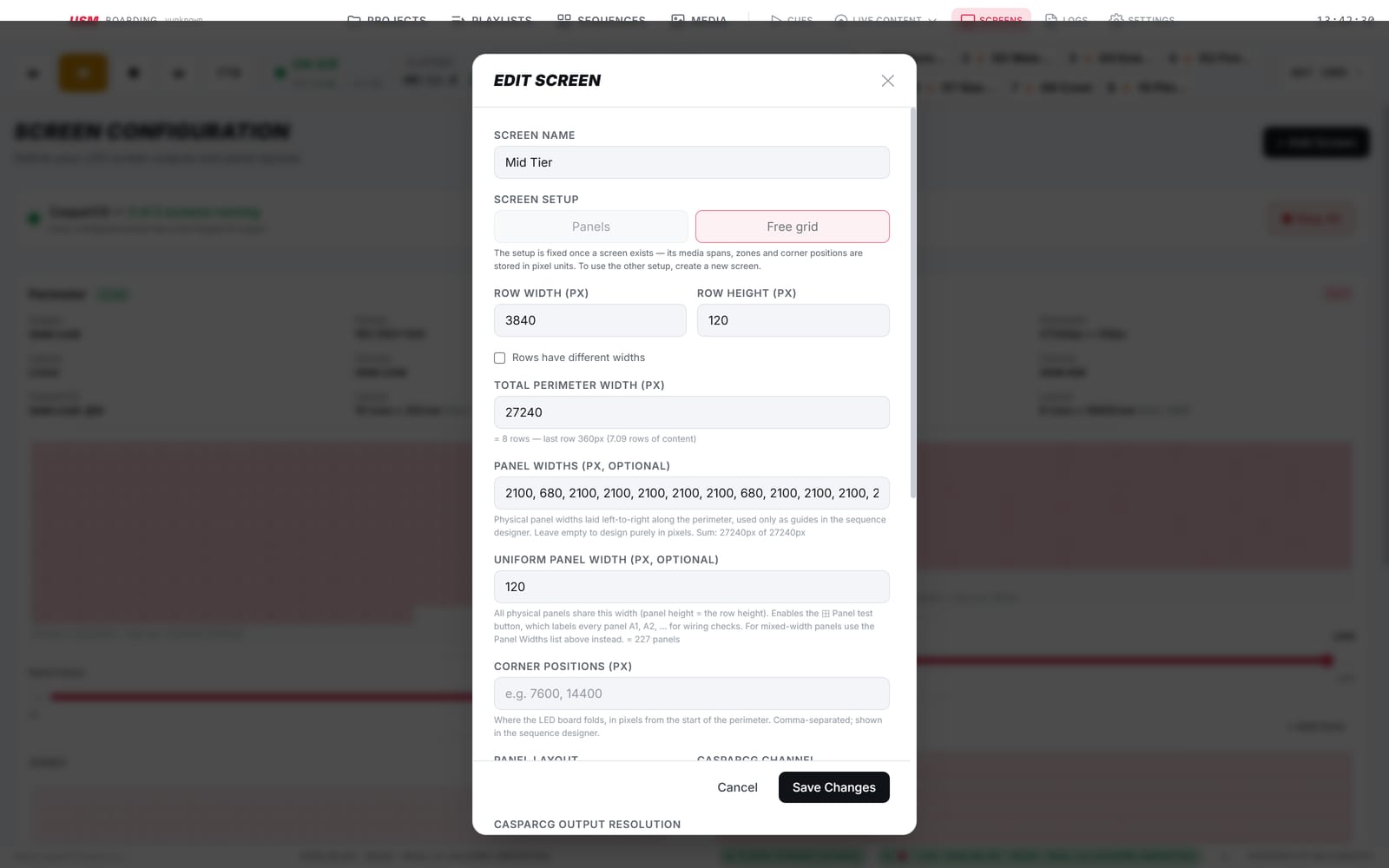 Edit Screen dialog for a Free grid screen, showing row and perimeter widths in pixels
